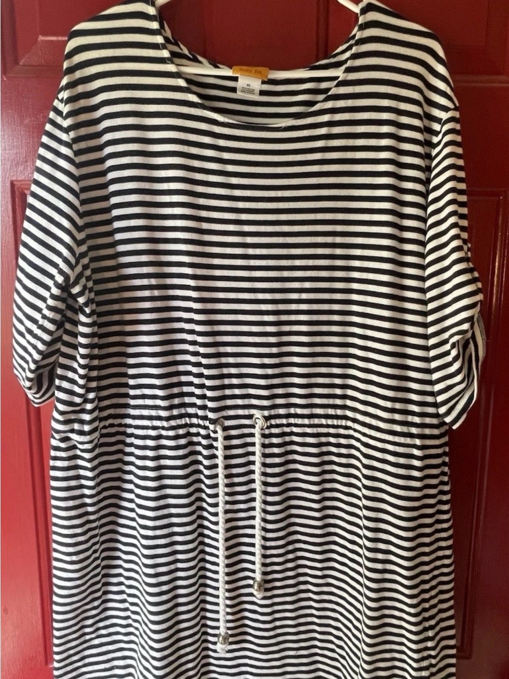 Ruby Rd. Black and White Striped Midi Dress